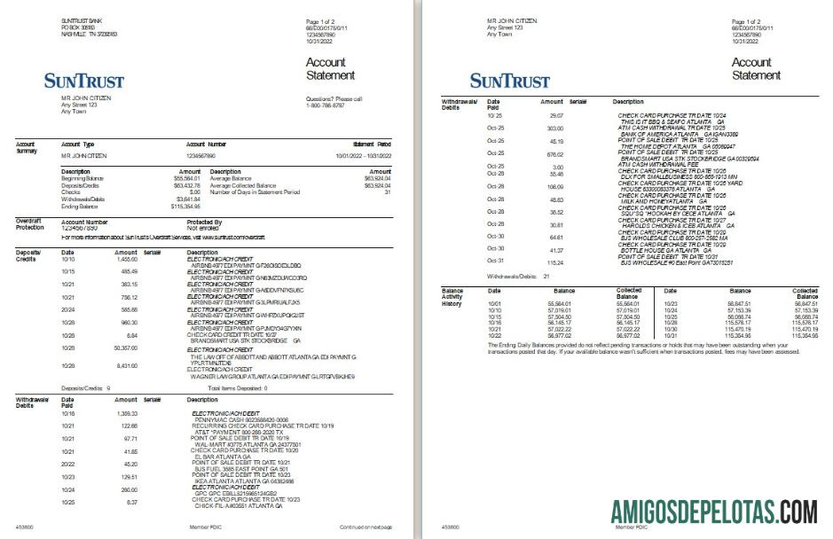 Extrato bancário SunTrust realista dos EUA, modelo Word e PDF, 2 páginas